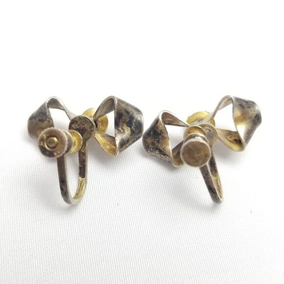 Vintage Sterling Silver Blue Rhinestone Bow Shape Clip On Screw Back Earrings - Picture 3 of 7